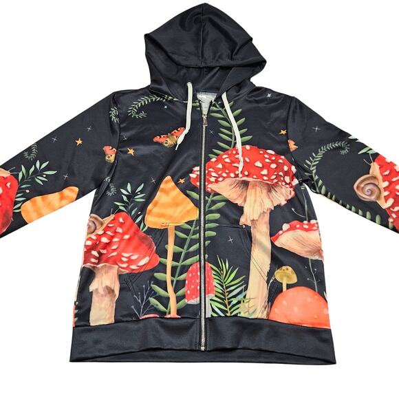 Unbranded Tops - Mushroom Print Hoodie Womens Medium Black Multicolor‎ Full Zip Cottagecore Y2K